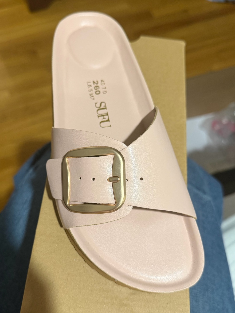 SUFU Pink Gold Buckle Slide Sandals